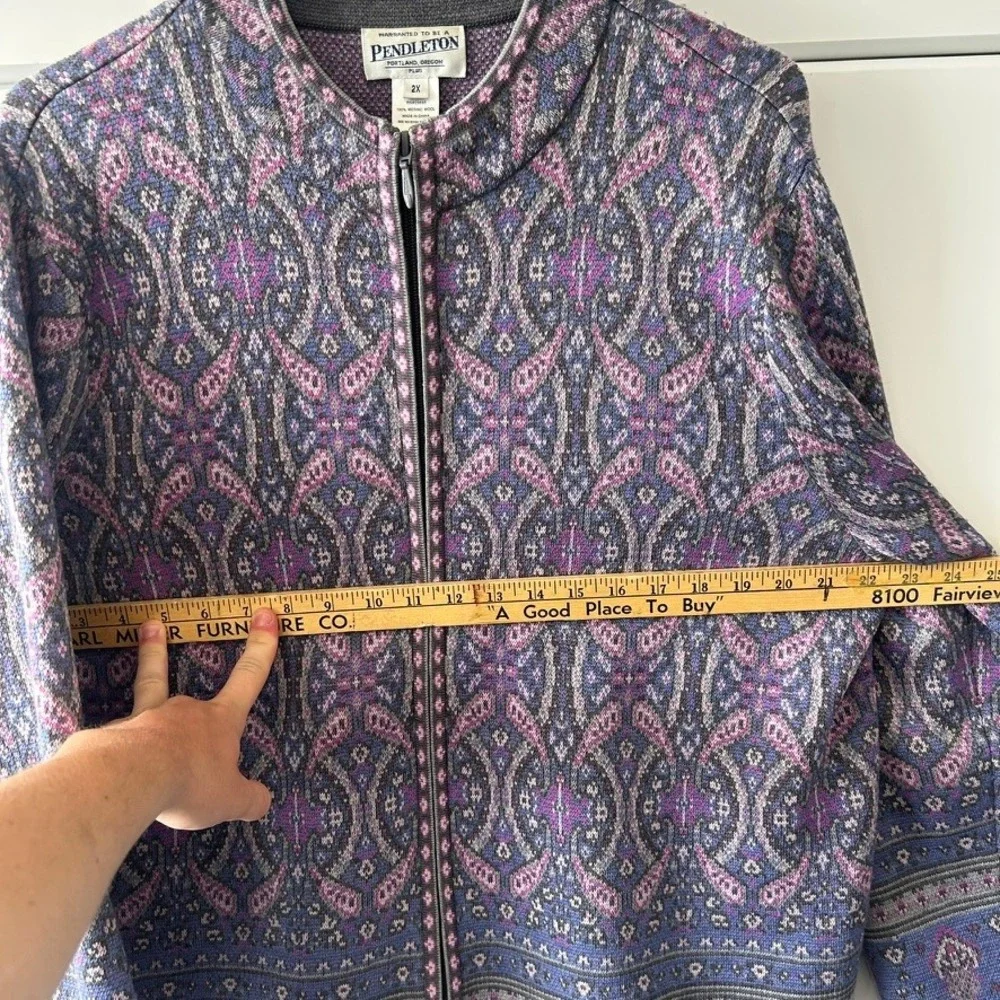 Pendleton Plus 2X Merino Wool Full Zip Cardigan Sweater Paisley Purple Blue